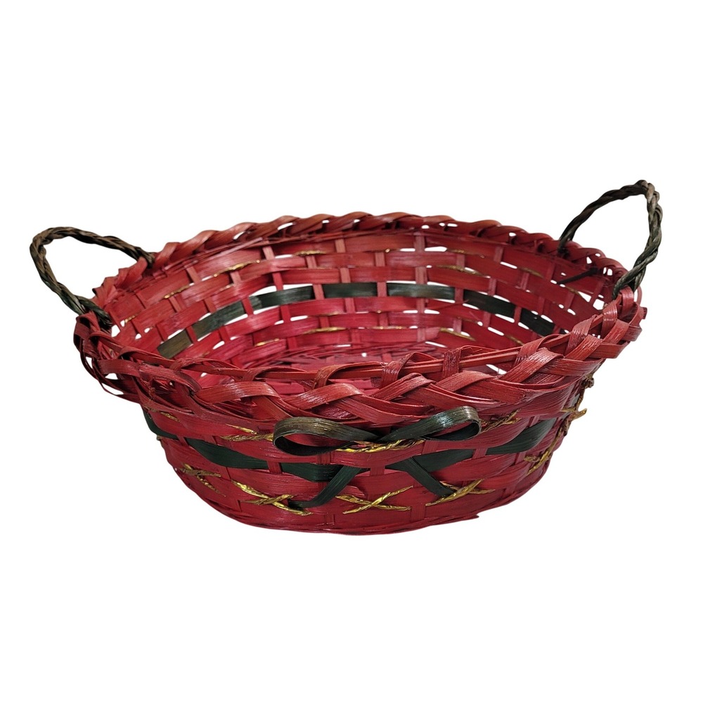 Unbranded Woven Wicker Holiday Basket Red Green Gold Christmas Decorative Round